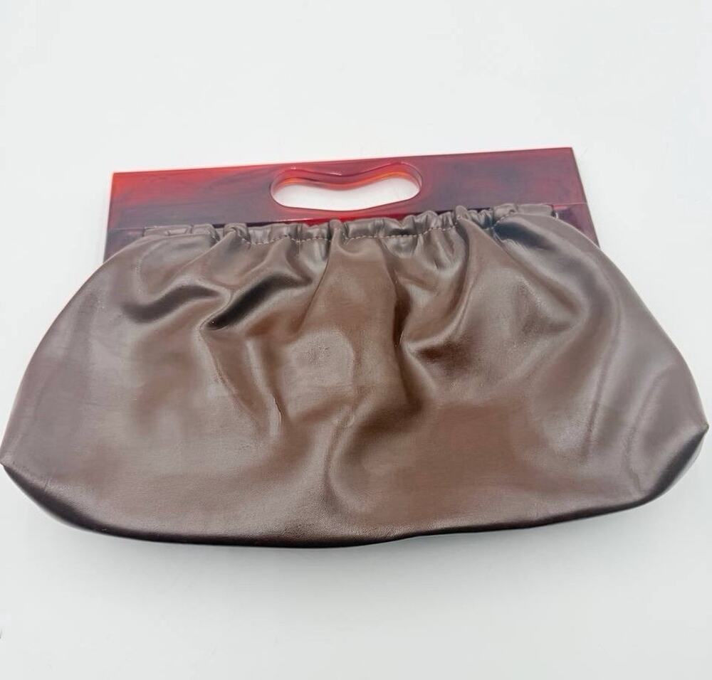 Vintage 1960s 70s Brown Clutch Handbag Lucite Acrylic Handle Retro Purse